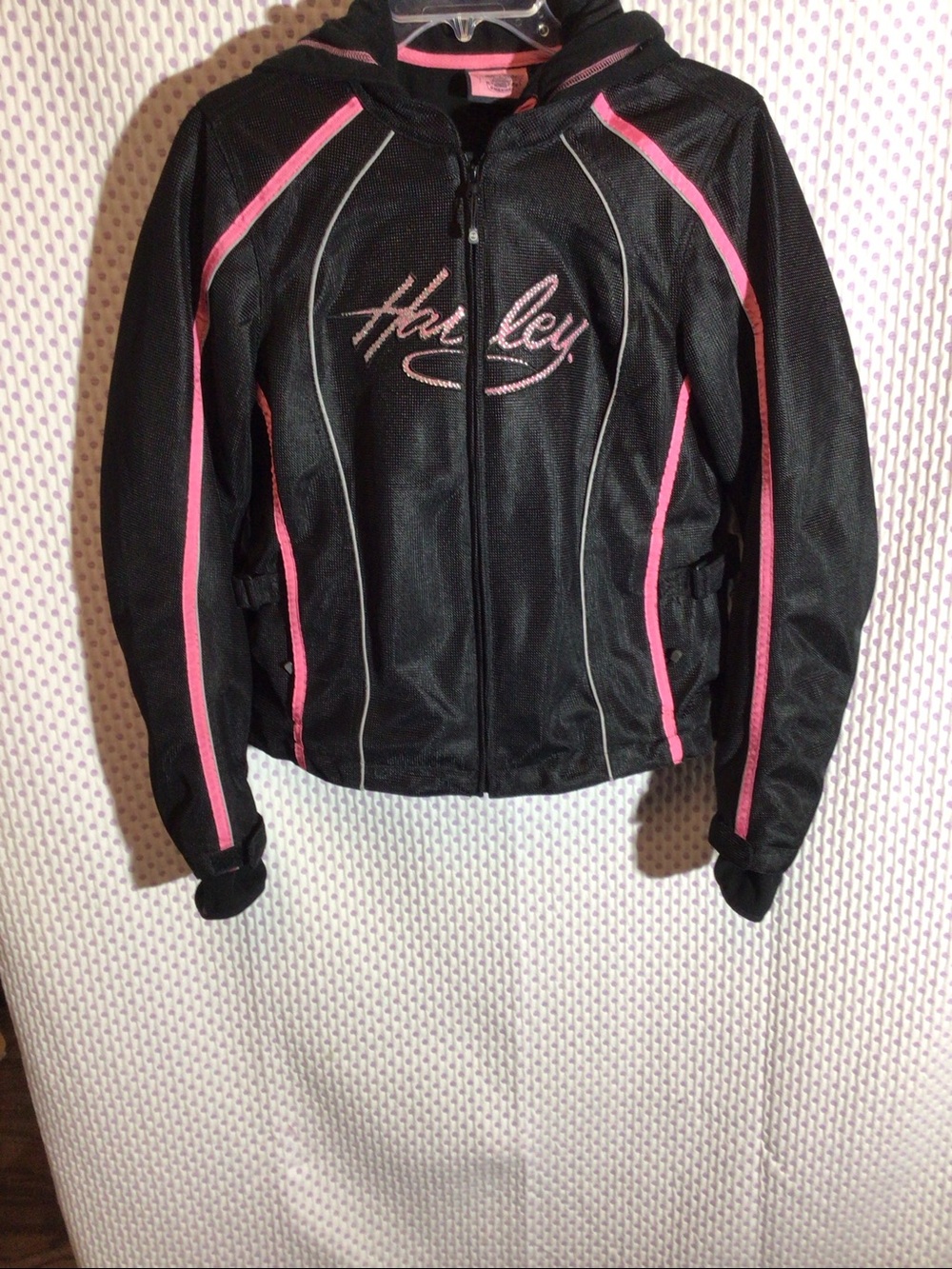 Harley Davidson Biker Motorcycle Jacket Womens Black Mesh Pink Rhinestone Bling